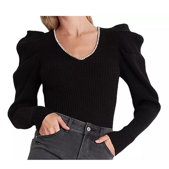 NWT EXPRESS | Black Knit Puff Sleeve Rhinestone holiday cocktail Sweater - Picture 1 of 6